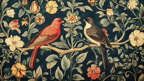 Two Songbirds on a Branch in Vintage Botanical Art Style.
