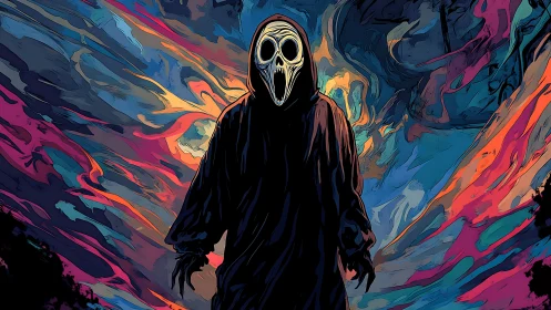 Neon scream reaper strides through kaleidoscopic nightmare storm.