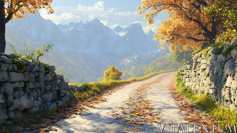 Quiet mountain lane lined with golden autumn trees and stone walls.