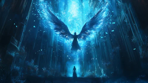Celestial angel descends in radiant blue cathedral light.