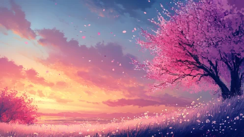 Soft petals drift across a glowing sunset meadow