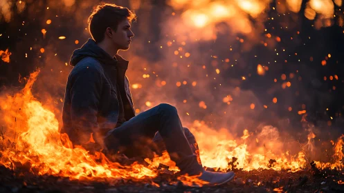 Youth Aflame: Contemplation Amid Inferno's Glow.
