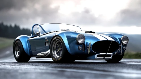 Vintage blue roadster on wet track under stormy sky.