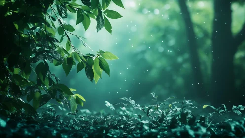 Emerald Whispers: Rain-Kissed Foliage in Twilight Glow.