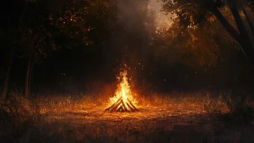 Bonfire in Dark Forest at Night.