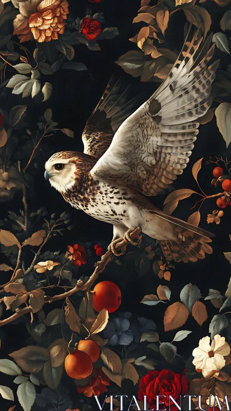 Falcon among baroque florals on dark botanical ground.