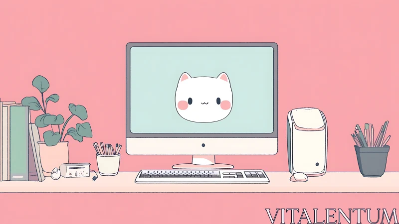Minimalist desk workspace shows computer with cat graphic