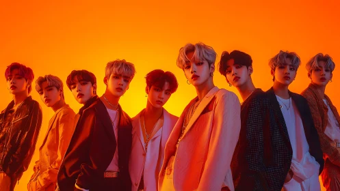 Nine stylish young men posed against vivid orange sky.