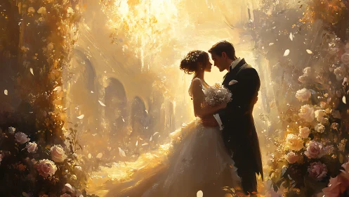 Sunlit vows shimmer as two lovers pause between petals