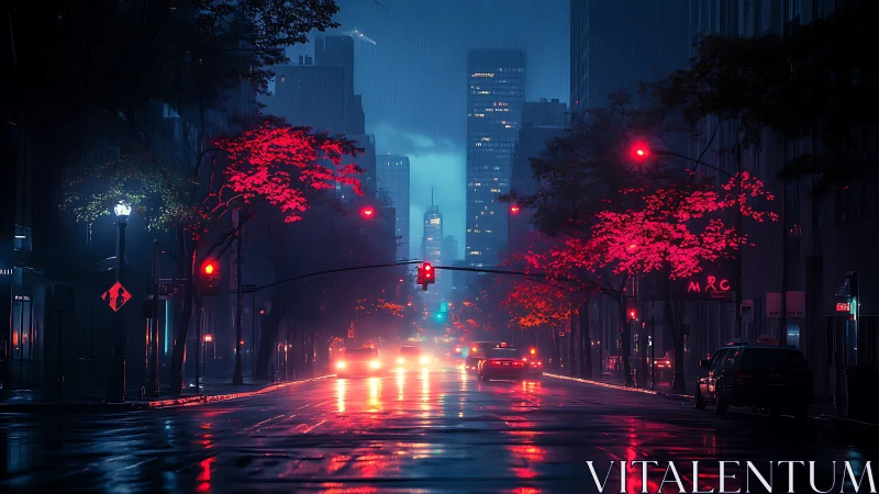 Nocturnal wet-street boulevard with neon-biased chromatic bloom.