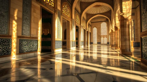 Golden light fills ornate marble mosque corridor interior