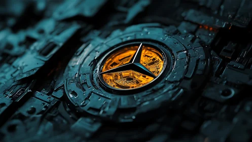 Futuristic metallic emblem with glowing amber core detail.