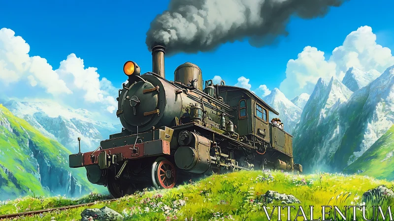 Stout mountain steam train puffing through wildflower sunlight.