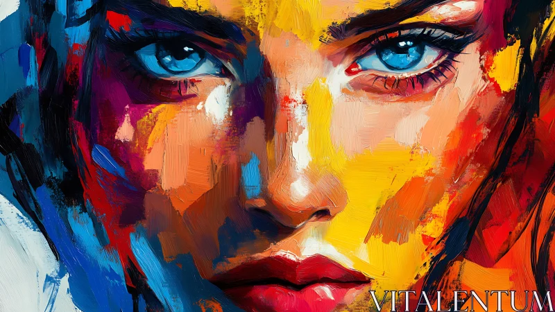 Close-up frontal portrait uses saturated impasto color fields