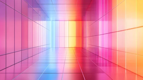Vibrant Futuristic Corridor with Colorful Neon Lights and Reflections.