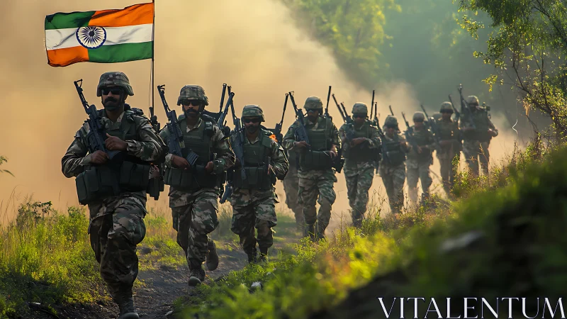 Indian soldiers march through misty forest trail in formation.