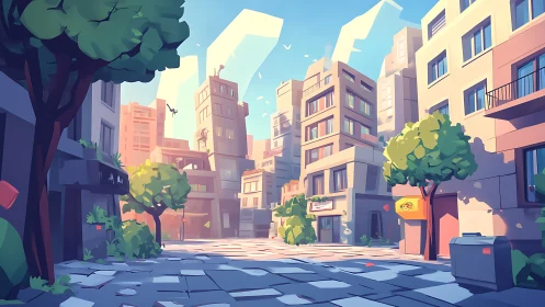 Midday low-rise city street with stylized modern buildings.