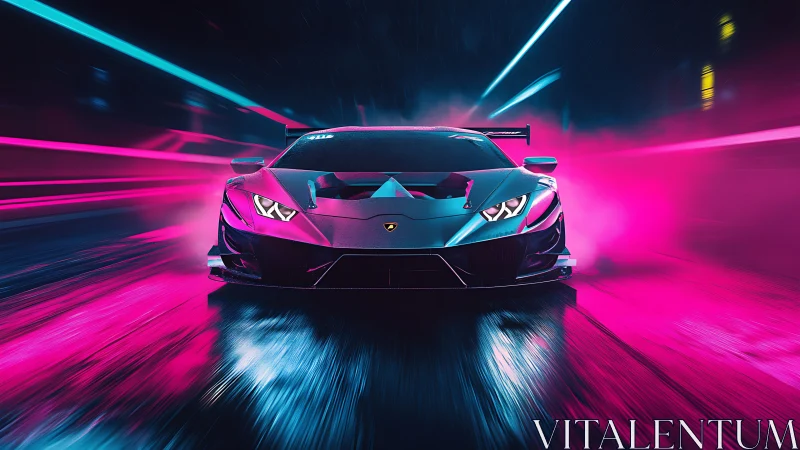 Neon hypercar front view in cinematic cyberpunk motion blur.