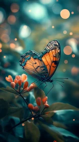 Macro study isolates backlit butterfly on buds with bokeh orbs