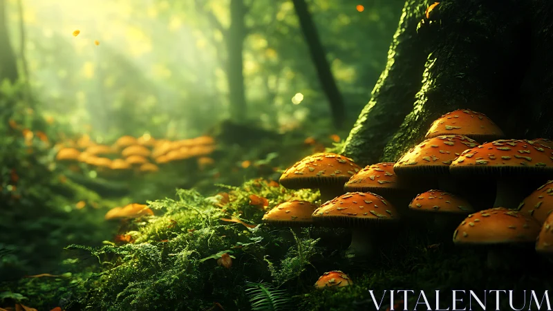 Sunlit forest mushrooms quietly rehearse a glowing symphony