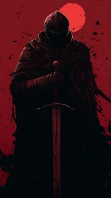 Armored silhouette with greatsword under eclipsed blood moon.