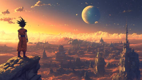 Lone warrior surveys glowing sci‑fi city beneath twin skies.