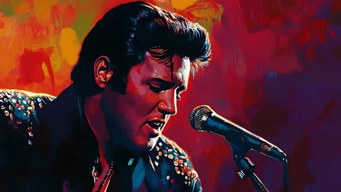 Electric stage portrait of rock singer in vivid oils.