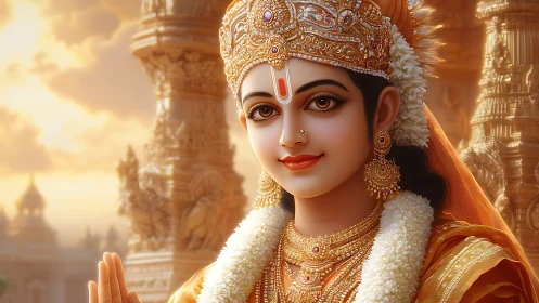 Golden temple glow around serene, smiling deity portrait.