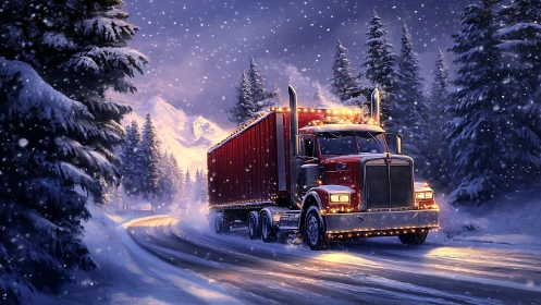 Holiday truck glows warmly on a winding snowy forest road