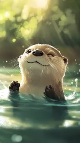 Content otter enjoys sunlit forest water with gentle ripples