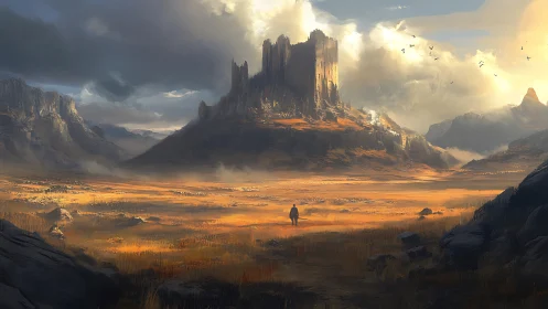 Digital painting of lone wanderer before monolithic mesa citadel.