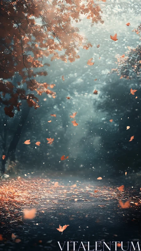 Soft autumn leaves swirl gently above a quiet forest path