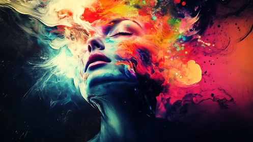 Surreal portrait dissolving into vivid liquid color storm.