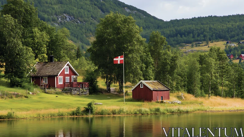 Red lakeside cottage and barn rest in peaceful Nordic valley.