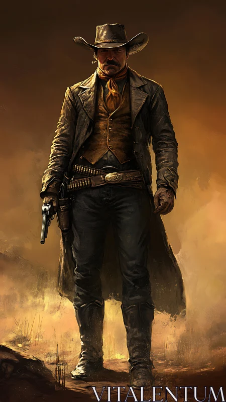 Solitary armed cowboy figure in dusty western landscape.