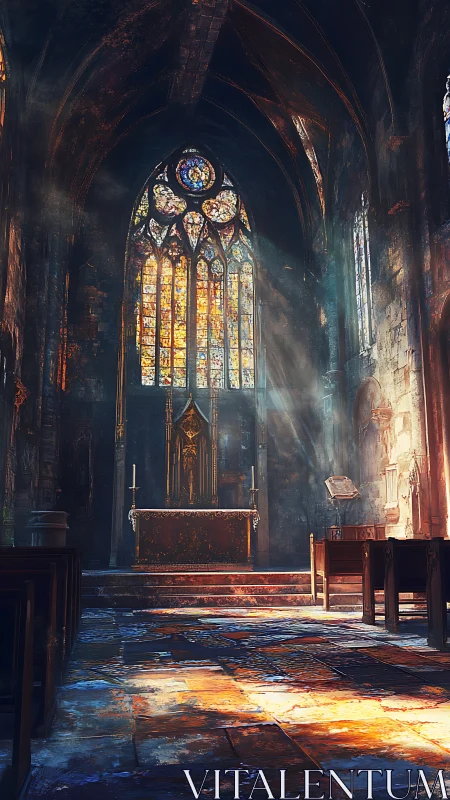 Volumetric light shafts cutting through stained-glass nave interior