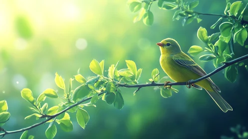Bright yellow songbird on leafy branch, dreamy springtime style.