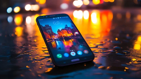 Nighttime Smartphone Display: Bokeh Ambient Lighting with Urban Waterfront Wallpaper