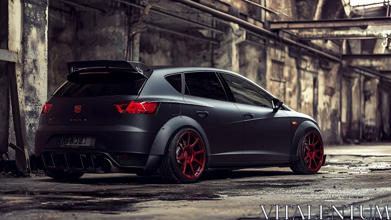Matte black hot hatch with red wheels in abandoned warehouse.