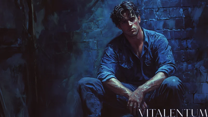 Solitary man in blue-toned alley rendered as moody digital painting