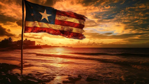 Sunlit coastal flag waving through a fiery seaside dusk.