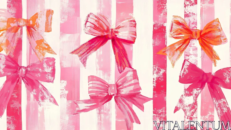 Pink and orange bows repeat over rough vertical stripes