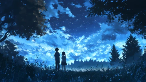 Starlit meadow gently holds two friends beneath a vast sky