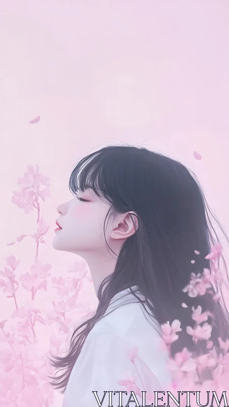 Side-profile anime portrait in pastel pink floral diffusion.
