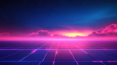 Radiant neon horizon glows over a retro sci fi gridscape