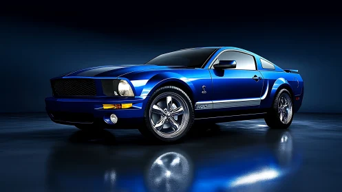 Photorealistic blue muscle car in high-gloss studio lighting.