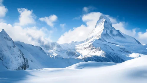 Snow covered alpine peak under clear blue winter sky.