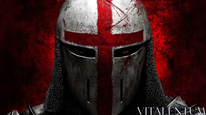 Battle-worn crusader helm stands against blood-red void.