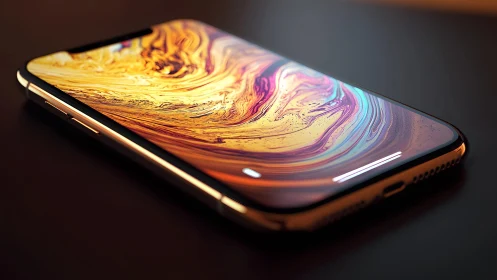 Modern smartphone with abstract vibrant display, sleek lighting.