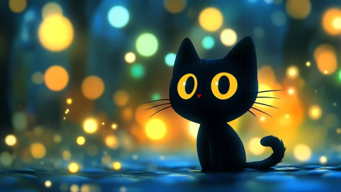 Black cat silhouette with glowing yellow eyes amid bokeh background